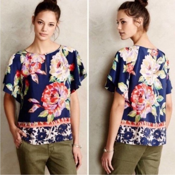 Maeve Anthropologie Gardenia Blue Floral Silk Flutter Sleeve Blouse Size 12 - Picture 2 of 11